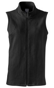 schwarze, ärmellose Baumwoll-Fleece-Weste mit Stehkragen und durchgehendem Reißverschluss, sportlicher Schnitt, sichtbare Nähte, weiche, leicht strukturierte Oberfläche