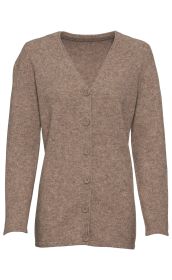 Yak-Mix-Strickjacke in Beige, langärmlig, mit V-Ausschnitt und durchgehender Knopfleiste vorne, feiner Strick, gerade geschnitten, schlichtes Design, weich und warm.