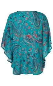 türkise Modal-Bluse mit weitem Schnitt, kurzem, weitem Ärmel, paisley- und floralem Muster in Rot, Blau und Grün, leichte transparente Stoffqualität, Rückansicht