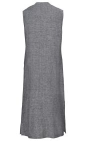 graues, ärmelloses Leinen-Kleid in Midi-Länge, Rückenansicht, gerader Schnitt, leichter Stoff mit Struktur, seitliche Schlitze am Saum, einfacher Kragen