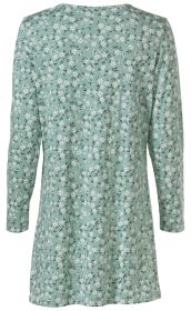 Baumwoll-Shirt in Hellgrün mit langen Ärmeln und rundem Ausschnitt, mit weißem und dunkelgrünem Blumenmuster, Rückansicht, lockere Passform