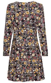 Baumwoll-Mix-Kleid hinten, langärmlig, grau-schwarzer Grundstoff mit buntem floralen Muster in Gelb, Rot, Weiß und Schwarz, leicht taillierte Passform, ausgestellter Rockabschluss