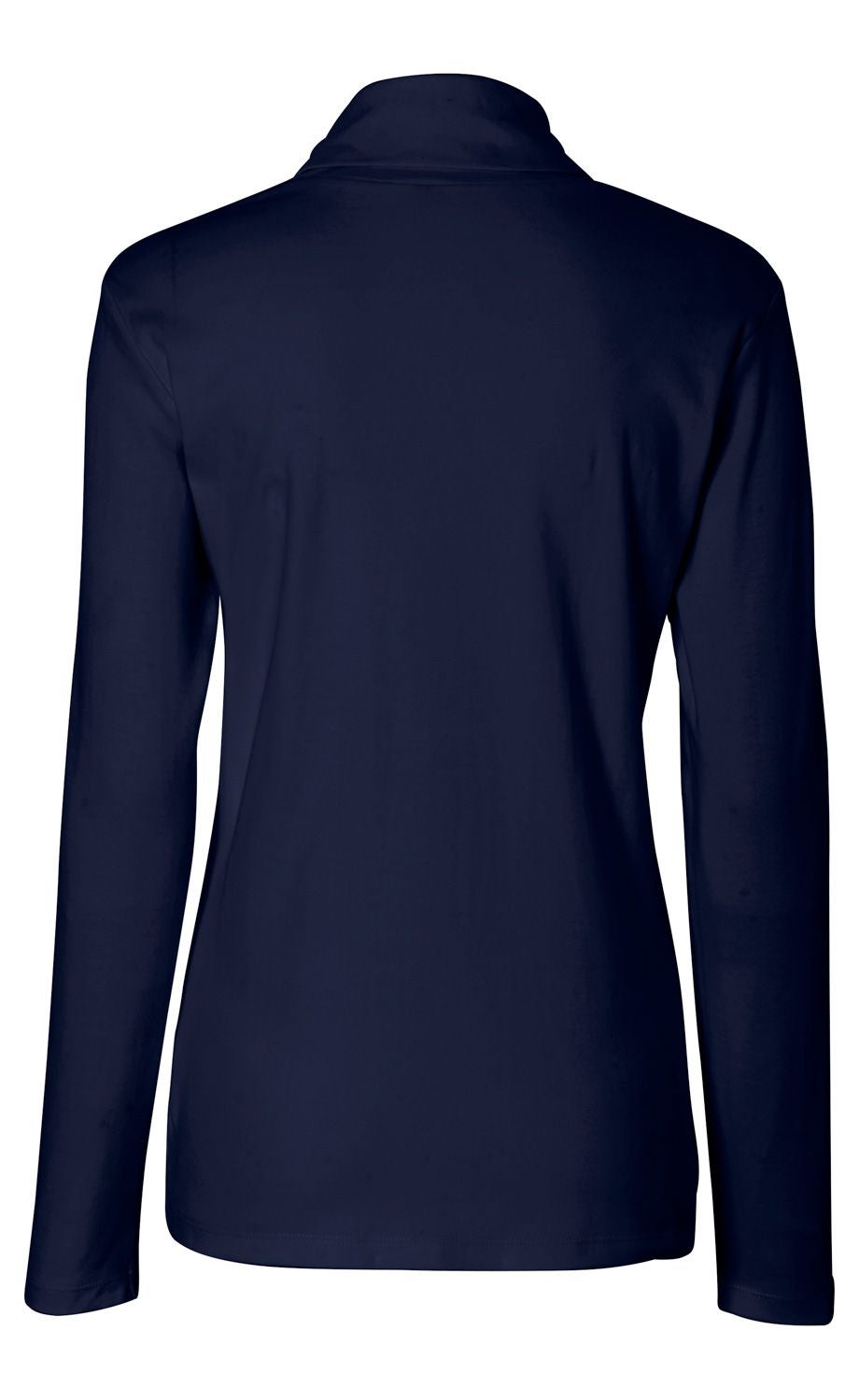 Dunkelblaues Baumwoll-Shirt für Damen mit langen Ärmeln und Rollkragen, Rückansicht, einfache und glatte Stoffstruktur