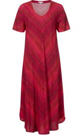 Rotes Viskose-Kleid mit V-Ausschnitt, kurzen Ärmeln und wellenförmigem, dunklerem Farbverlauf, leicht ausgestellter, knielanger Schnitt
