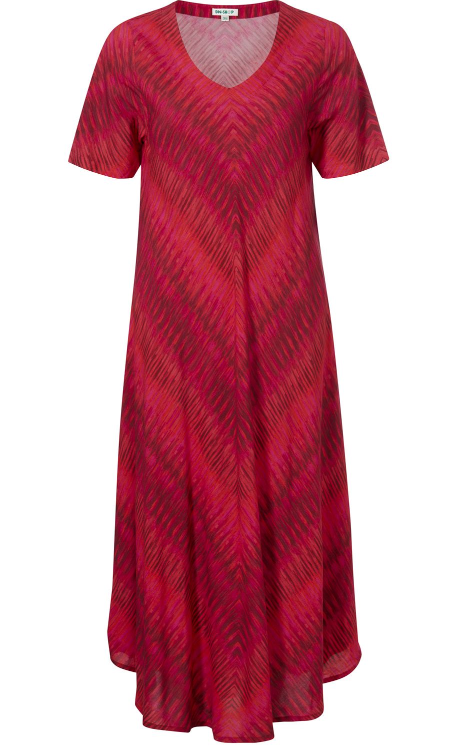 Rotes Viskose-Kleid mit V-Ausschnitt, kurzen Ärmeln und wellenförmigem, dunklerem Farbverlauf, leicht ausgestellter, knielanger Schnitt