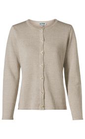 Leinen-Mix-Strickjacke in Beige, langärmlig, Rundhalsausschnitt, durchgeknöpft mit sieben hellen Knöpfen, leichter, fein gestrickter Stoff, gerader Schnitt, schlichtes Design