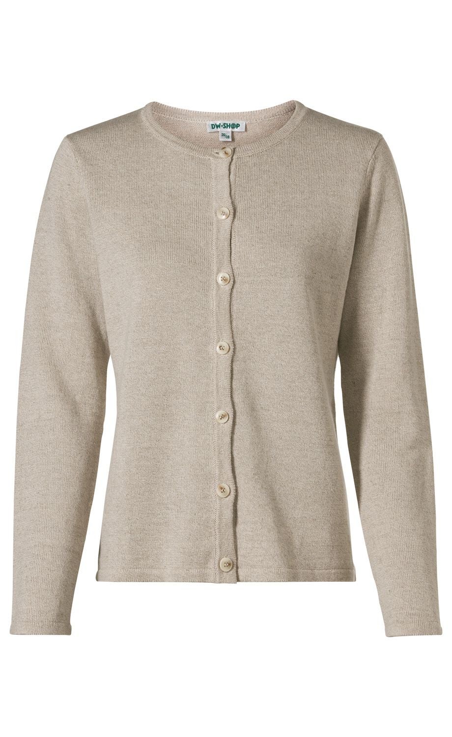 Leinen-Mix-Strickjacke in Beige, langärmlig, Rundhalsausschnitt, durchgeknöpft mit sieben hellen Knöpfen, leichter, fein gestrickter Stoff, gerader Schnitt, schlichtes Design