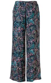 Viskose-Hose mit weitem Bein, schwarzer Hintergrund, bunte Paisley-Muster in Blau, Grün, Rosa und Orange, elastischer Bund, leichter und fließender Stoff.