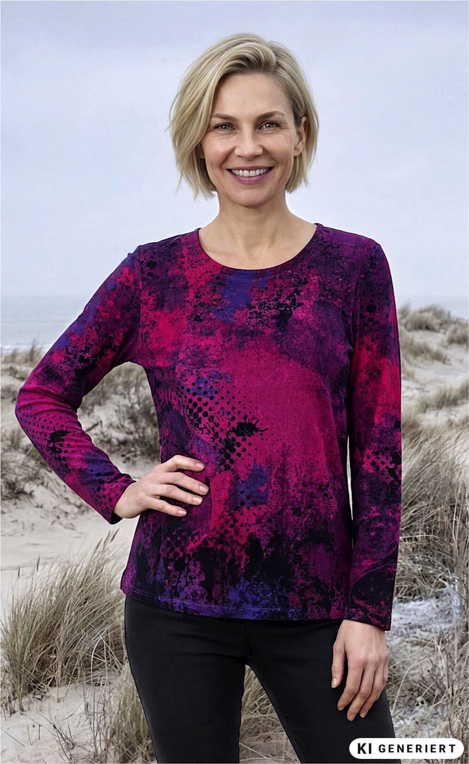 Frau mit blondem Bobhaar trägt langärmliges Baumwoll-Shirt in abstraktem Muster aus Pink, Violett und Schwarz, steht am Strand mit Dünen und Gras im Hintergrund, lächelt und hat eine Hand in die Hüfte gestützt.