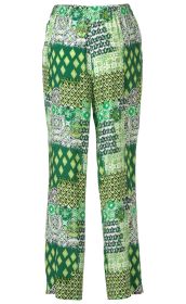 grüne, gemusterte Viskose-Hose mit elastischem Bund, geradem Bein, verschiedene abstrakte und florale Muster in Grün-, Weiß- und Schwarztönen