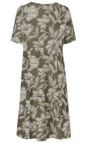 grünes Baumwollkleid mit kurzen Ärmeln, tailliertem Schnitt und großem weißen Blumenmuster, Rückansicht, knielang, leichter Stoff, nahtloser Rücken mit verdecktem Reißverschluss