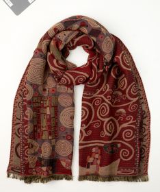 Baumwoll-Mix-Schal 50x180 in Rot und Beige, mit abstrakten spiralförmigen und geometrischen Mustern, fransigem Saum, locker zusammengelegt auf weißem Hintergrund.