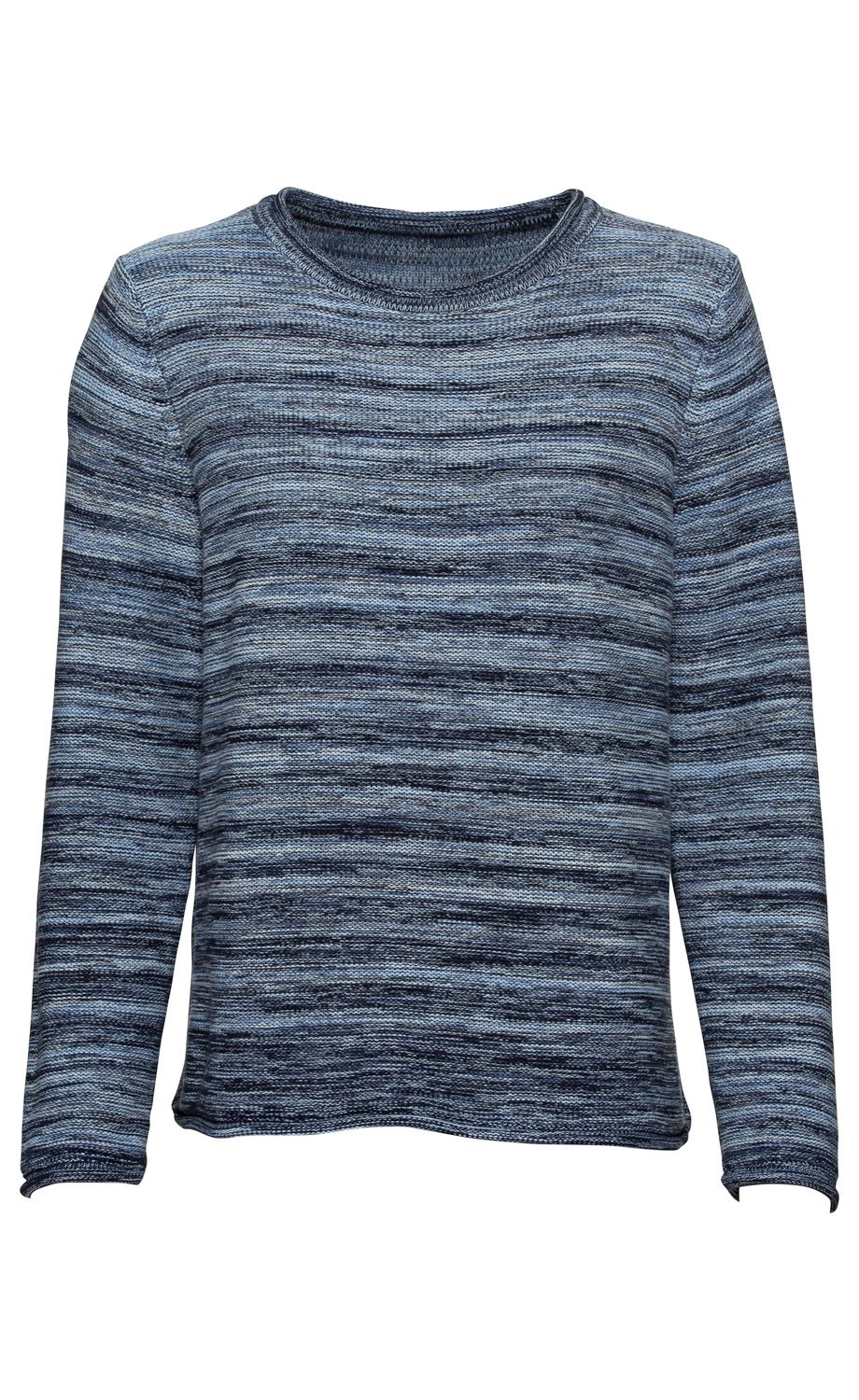 Baumwoll-Pullover mit langem Arm, Rundhalsausschnitt, meliertem Muster in verschiedenen Blautönen, gerade Passform, feine Strickstruktur, lässiger Stil, geeignet für kühle Tage