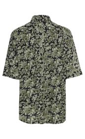 Viskose-Bluse in Schwarz mit grünem floralem Muster, Kurzarm, weiter Schnitt, klassischer Hemdkragen, Rückansicht