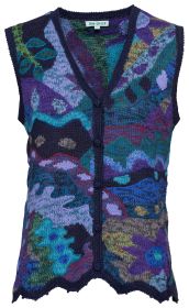 Bunte Alpaka-Weste mit V-Ausschnitt und Knopfleiste, gestrickt mit abstrakten Mustern in Blau-, Grün-, Lila- und Grautönen, verziert mit floralen und wellenförmigen Motiven, dunkelblauer Abschlussrand, Etikett mittig innen sichtbar