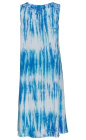 Ärmelloses Viskose-Kleid in A-Linie mit hellem Blau-Weiß-Tie-Dye-Muster, Rundhalsausschnitt, knielang, leicht ausgestellt, sommerlich und luftig.
