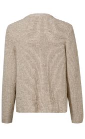Rückansicht einer beige melierten Baumwoll-Strickjacke mit langem Arm und geradem Saum, grob geripptem Strickmuster, schlichter Verarbeitung ohne sichtbare Nähte oder Applikationen.