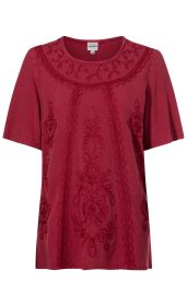 Damen Viskose-Bluse in Bordeauxrot mit Rundhalsausschnitt, kurzen Ärmeln und floraler, toniger Stickerei auf der Vorderseite