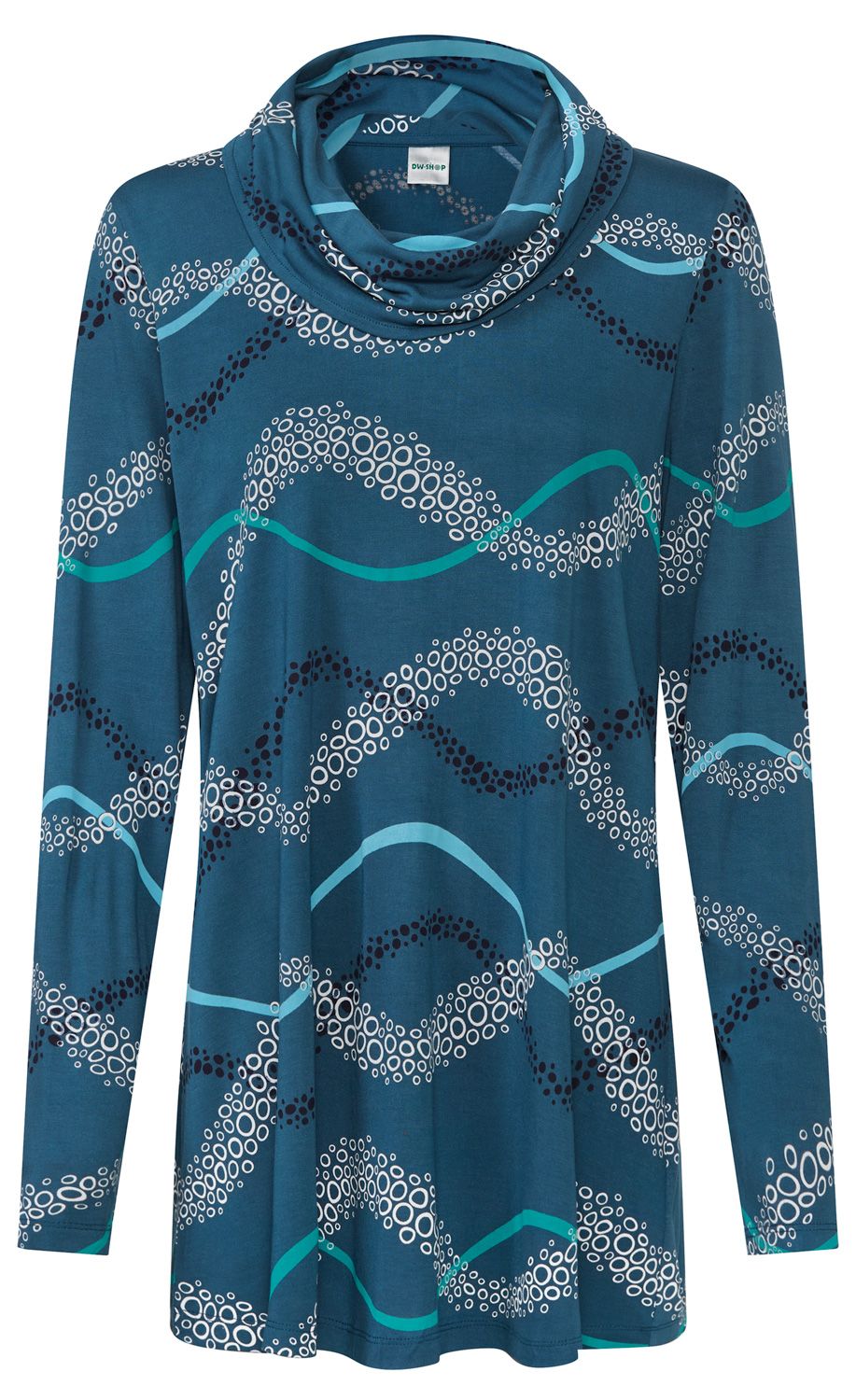 Damen-Langarmshirt mit weitem Rollkragen, dunkelblau mit abstraktem, wellenförmigem Muster in Weiß, Hellblau und Türkis, locker fallend, vorne sichtbar, ohne weitere Accessoires oder Hintergrund.