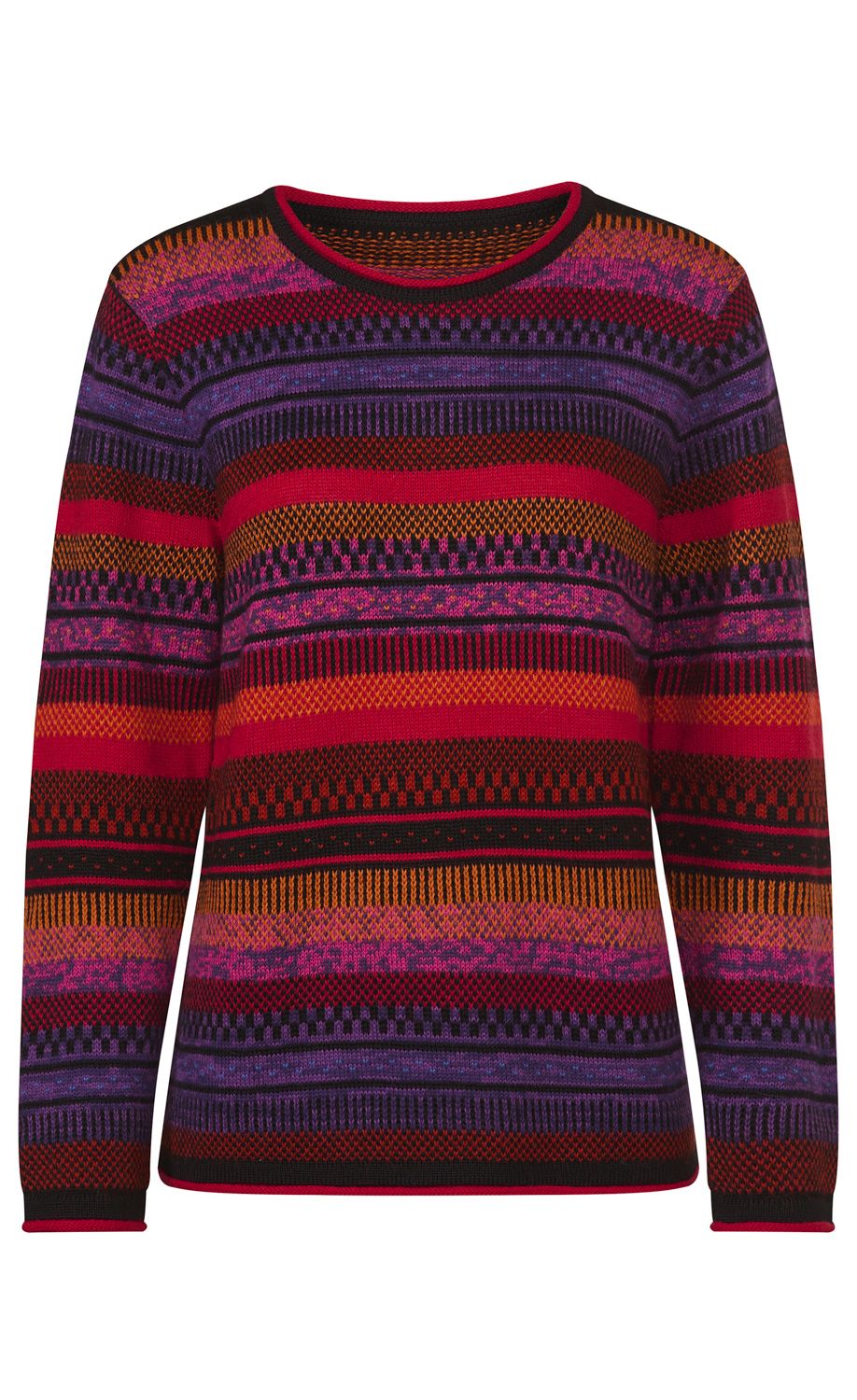 Alpaka-Pullover mit Rundhalsausschnitt, langärmlig, mehrfarbig gestreift in Rot-, Orange-, Lila- und Schwarztönen, feines Strickmuster, gerade geschnitten, weiches, warmes Material