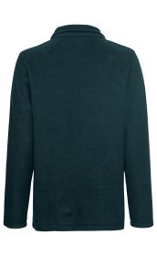 dunkelblaue Baumwoll-Fleece-Jacke, Rückansicht, langärmlig, leicht geraute Oberfläche, Stehkragen, gerade Saumkante, keine sichtbaren Verzierungen oder Muster, entspannter Schnitt