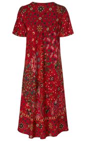 Rotes Viskose-Kleid mit kurzen Ärmeln und kleinem Rundhalsausschnitt, floralem und paisley Muster in Grün, Blau, Weiß und Orange, knielang, locker geschnitten