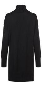 Schwarzes Baumwoll-Mix-Kleid mit langem Arm, geripptem Rollkragen, gerippten Ärmelsäumen und Saum, Rückansicht, lässige Passform, knielang, einfarbig, schlicht gestaltet