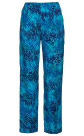 blaue Viskose-Hose mit elastischem Bund, weit geschnitten, mit abstraktem floralem Muster in verschiedenen Blautönen