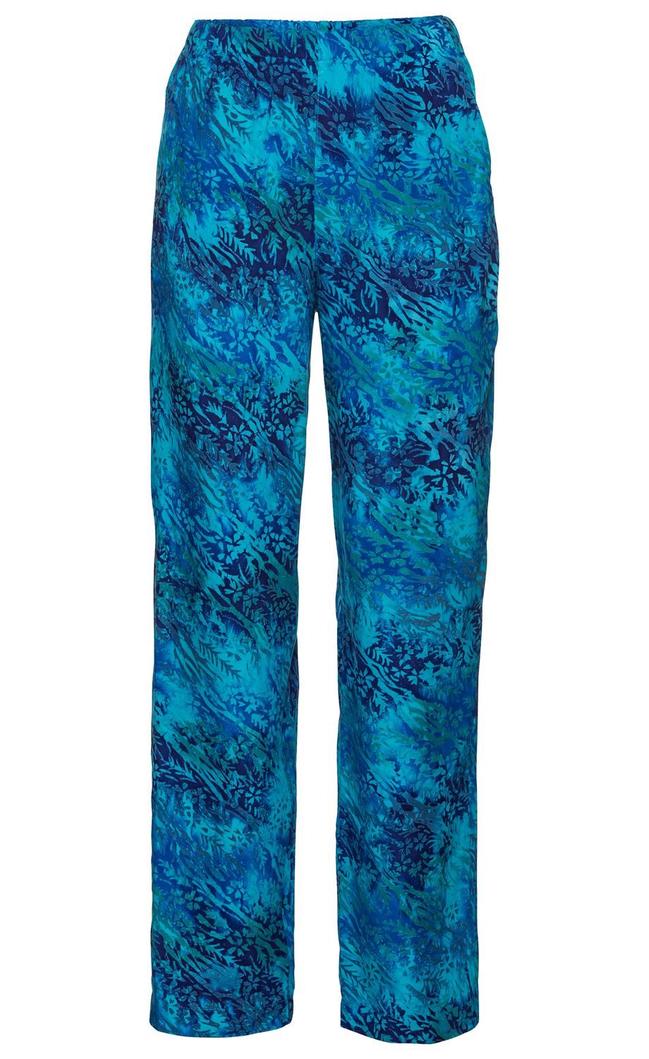 blaue Viskose-Hose mit elastischem Bund, weit geschnitten, mit abstraktem floralem Muster in verschiedenen Blautönen