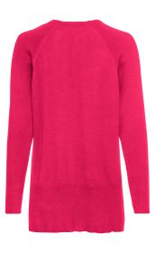 Baumwoll-Mix-Pullover in knalligem Pink, Rückansicht, mit langen Ärmeln und gerippten Strukturen an Ärmeln und Saum, klassischer Rundhalsausschnitt, schmaler, figurbetonter Schnitt