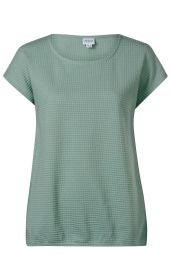 Baumwoll-Shirt in Salbeigrün mit feiner Waffelstruktur, Rundhalsausschnitt, kurzen Ärmeln und lockerem Schnitt, Größe 36/38, Vorderansicht auf weißem Hintergrund