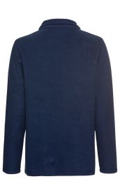 Rückansicht einer dunkelblauen Baumwoll-Fleece-Jacke mit langem Arm und Stehkragen, ohne sichtbare Verzierungen oder Taschen, schlichter und weicher Materiallook