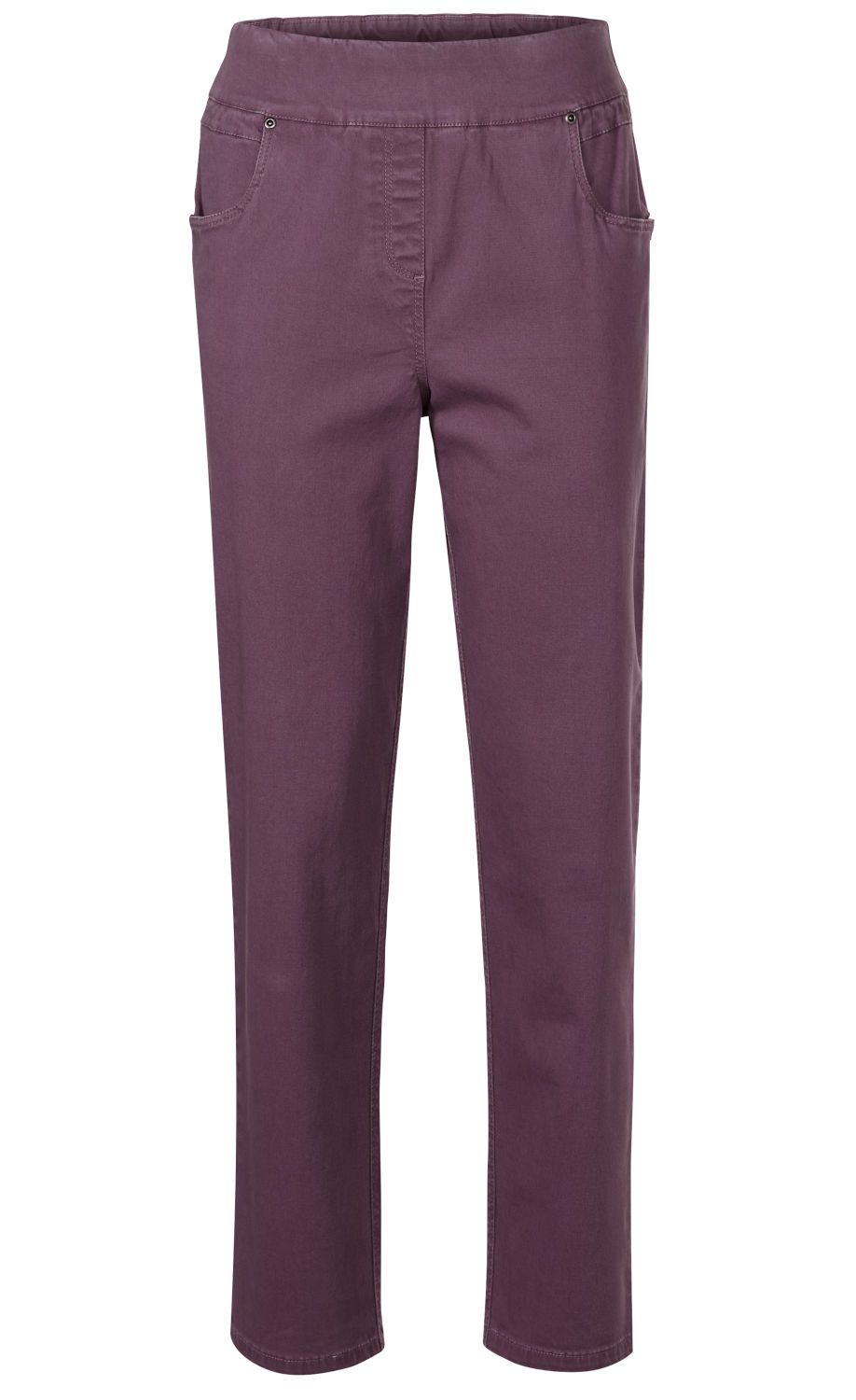 Baumwoll-Mix Hose in dunklem Flieder, gerade geschnitten, elastischer Bund ohne Verschluss, seitliche Eingrifftaschen mit Metallnieten, dezente Nahtdetails, knöchellang