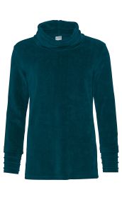 Baumwoll-Rolli-Shirt in Dunkeltürkis, langärmlig mit weitem, mehrlagigem Rollkragen und dekorativen Lagen an den Ärmeln, schlichtes Design ohne Muster oder Verzierungen