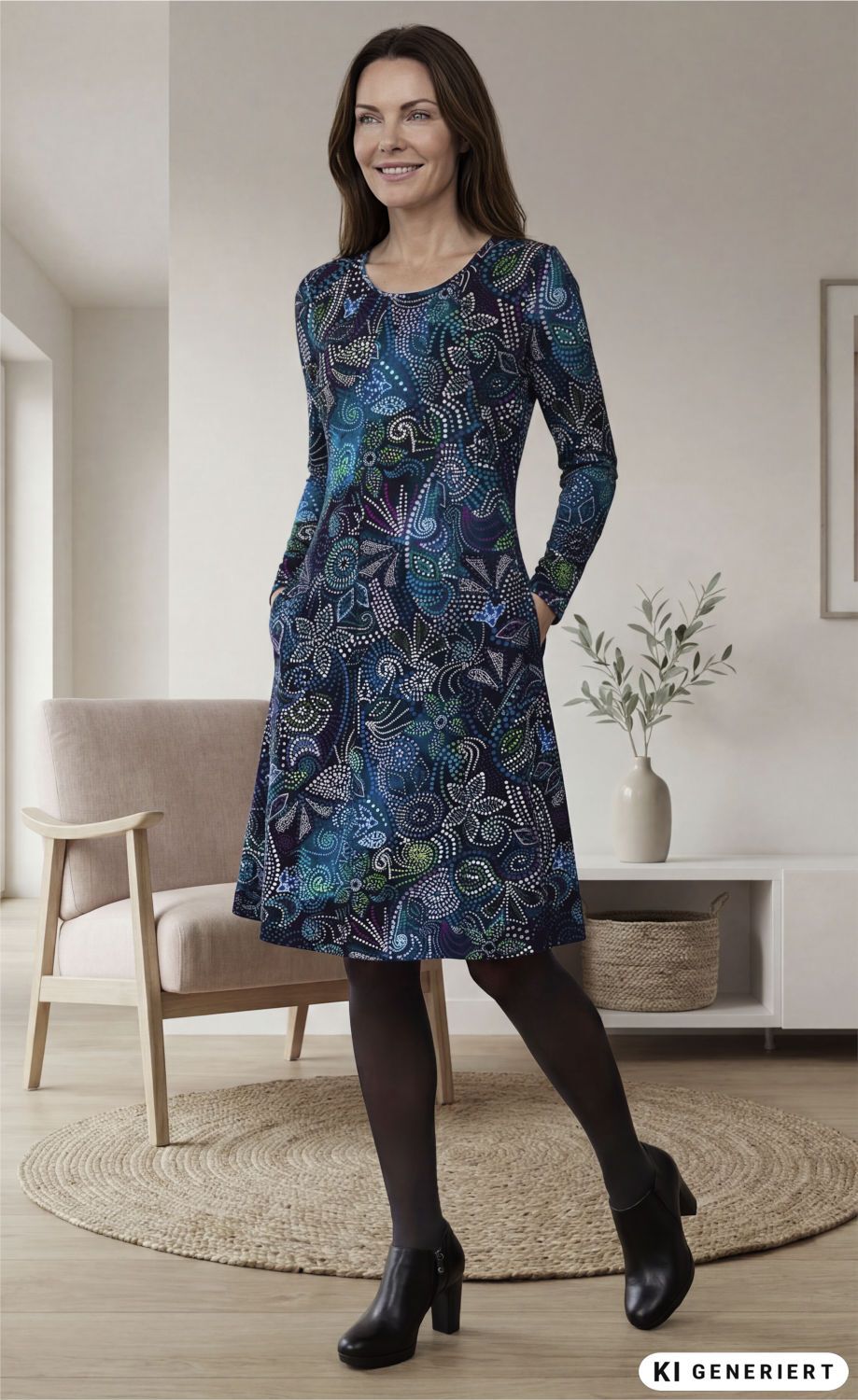 Frau trägt bunt gemustertes Baumwoll-Mix-Kleid mit langen Ärmeln, steht in modernem Wohnzimmer mit beigem Sessel, runden Teppich, weißem Sideboard und Vase mit Pflanze, schwarz-weiße Strumpfhose und schwarze Stiefeletten