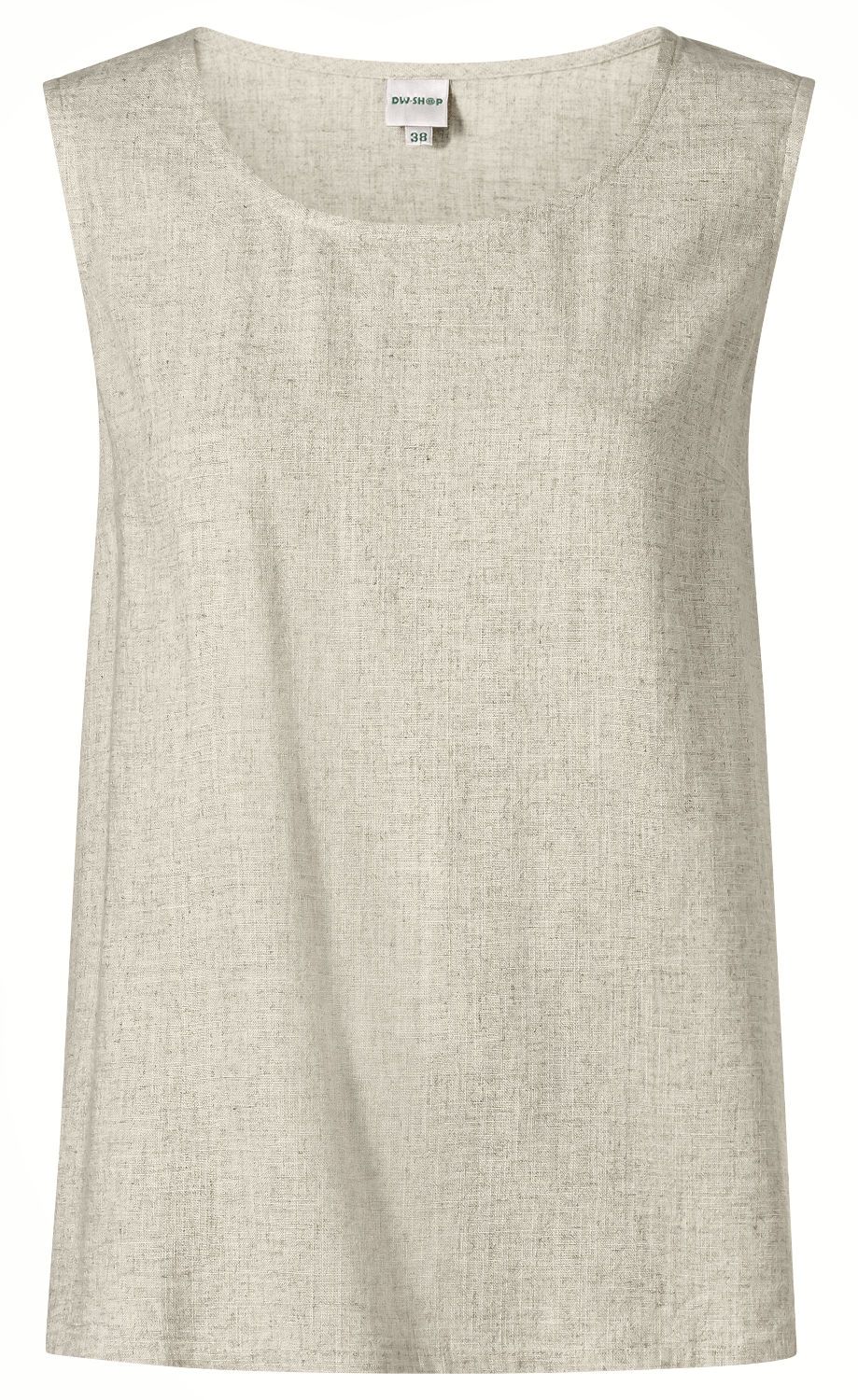 Beiges ärmelloses Viskose-Mix-Top mit rundem Ausschnitt, leichter Struktur und geradem Schnitt, Größe 38, ohne Muster oder Verzierungen, schlicht und elegant für sommerliche Outfits.