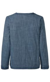 Baumwoll-Jacke, Rückansicht, langärmlig, marineblau mit feiner Textur, schlichter Rundhalsausschnitt, gerader Saum, schmaler Besatz an Kragen, Ärmeln und Saum, leichte Passform