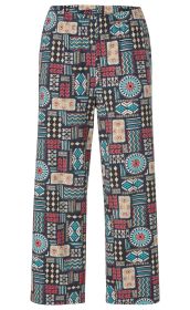Baumwoll-Hose mit weitem Bein, elastischem Bund und buntem Ethno-Muster in Rot, Türkis, Beige und Schwarz