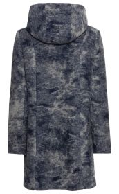 Rückansicht einer Wollmix-Jacke mit Kapuze, meliert in verschiedenen Grautönen, lange Ärmel, gerade geschnitten, weich strukturierter Stoff, mittellang
