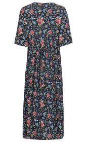 Viskose-Kleid, navyblau mit kurzem Arm, knielang, tailliert durch Bindegürtel, Allover Blumendruck in Rot, Blau, Gelb und Grün, Rückansicht