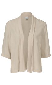 Beige, kurzärmelige Viskose-Jacke mit offenem Schnitt und leicht fallendem Kragen, feine Struktur im Stoff, Größe 38, schlicht und elegant ohne Verschluss.