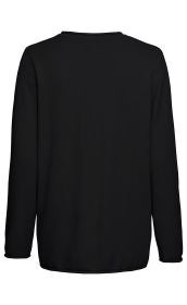 Schwarzer Baumwoll-Pullover mit langem Arm, Rundhalsausschnitt, glatter Oberfläche, Rückansicht, schlichte und zeitlose Optik, mittlere Länge, enganliegende Bündchen am Ärmelabschluss