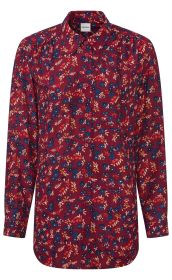 Langärmliges Hemd mit Knopfleiste, bordeauxrot mit kleinem floralem Muster in Blau, Rot und Creme, Hemdkragen, leicht geraffte Schultern, gerade Passform.