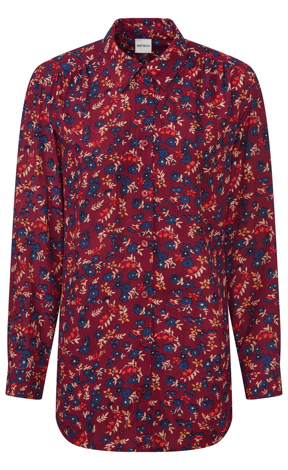 Langärmliges Hemd mit Knopfleiste, bordeauxrot mit kleinem floralem Muster in Blau, Rot und Creme, Hemdkragen, leicht geraffte Schultern, gerade Passform.