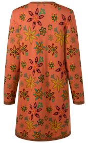 Rückansicht eines Baumwoll-Mantels in Orange mit buntem Blumenmuster in Gelb, Grün, Rot und Schwarz, lange Ärmel, gerader Schnitt, dekorative schwarze Streifen an Saum und Ärmelbündchen