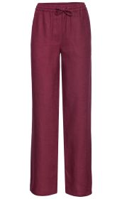 Damen Leinen-Hose in Bordeauxrot, locker geschnitten mit weitem Bein, elastischem Bund und Kordelzug, zwei seitlichen Eingrifftaschen, glatter Stoff, casual und bequem.