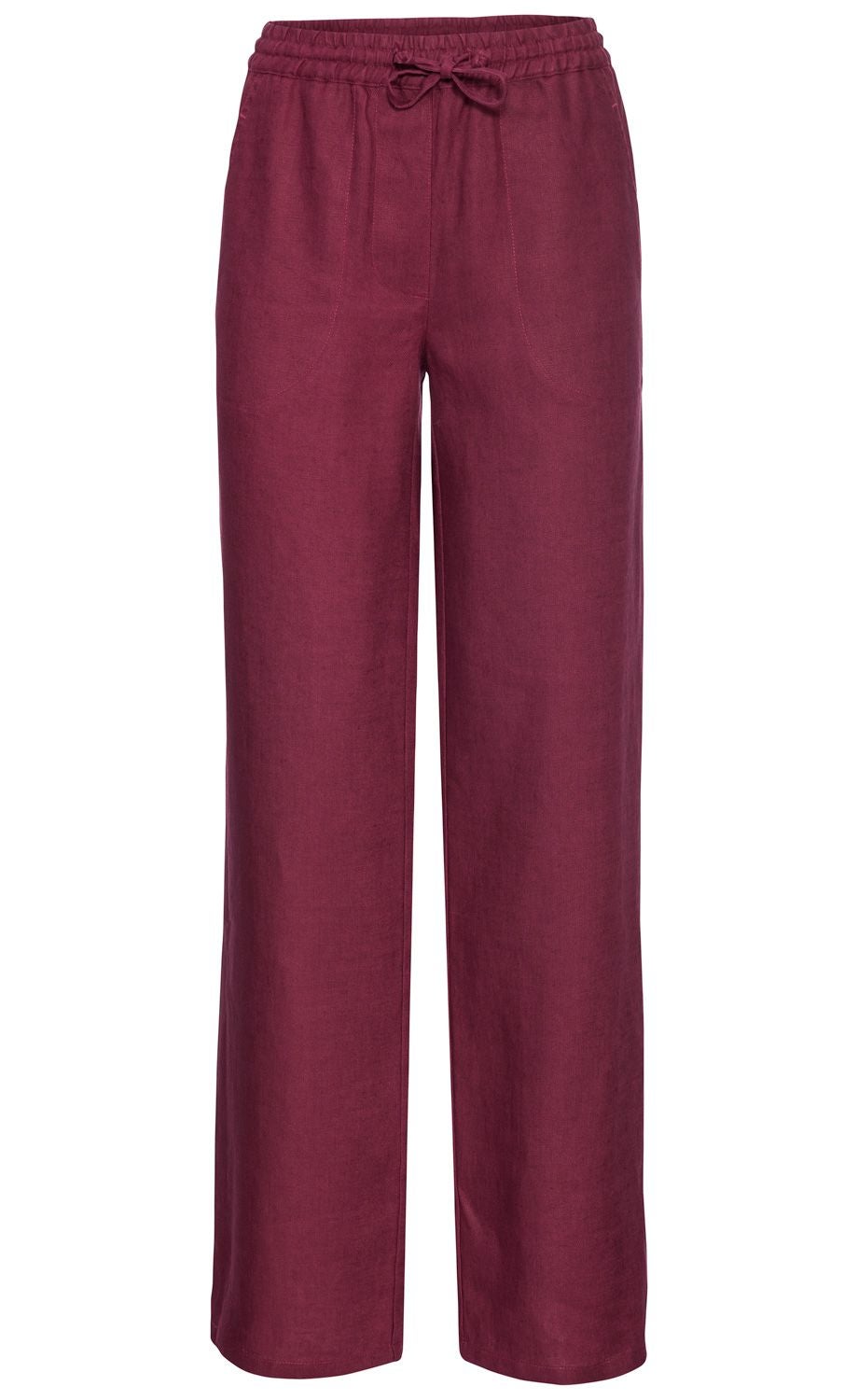 Damen Leinen-Hose in Bordeauxrot, locker geschnitten mit weitem Bein, elastischem Bund und Kordelzug, zwei seitlichen Eingrifftaschen, glatter Stoff, casual und bequem.
