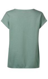 Rückansicht eines mintgrünen Baumwoll-Shirts mit kurzem Ärmel, rechteckigem Schnitt und fein strukturiertem, gewaffeltem Stoffmuster.