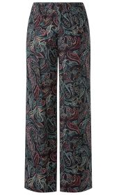 Viskose-Hose mit weitem Bein, schwarzer Grundfarbe, bunte abstrakte Paisley-Muster in Rot, Blau, Beige und Orange, elastischer Bund, lässiger Schnitt, leichter Stoff