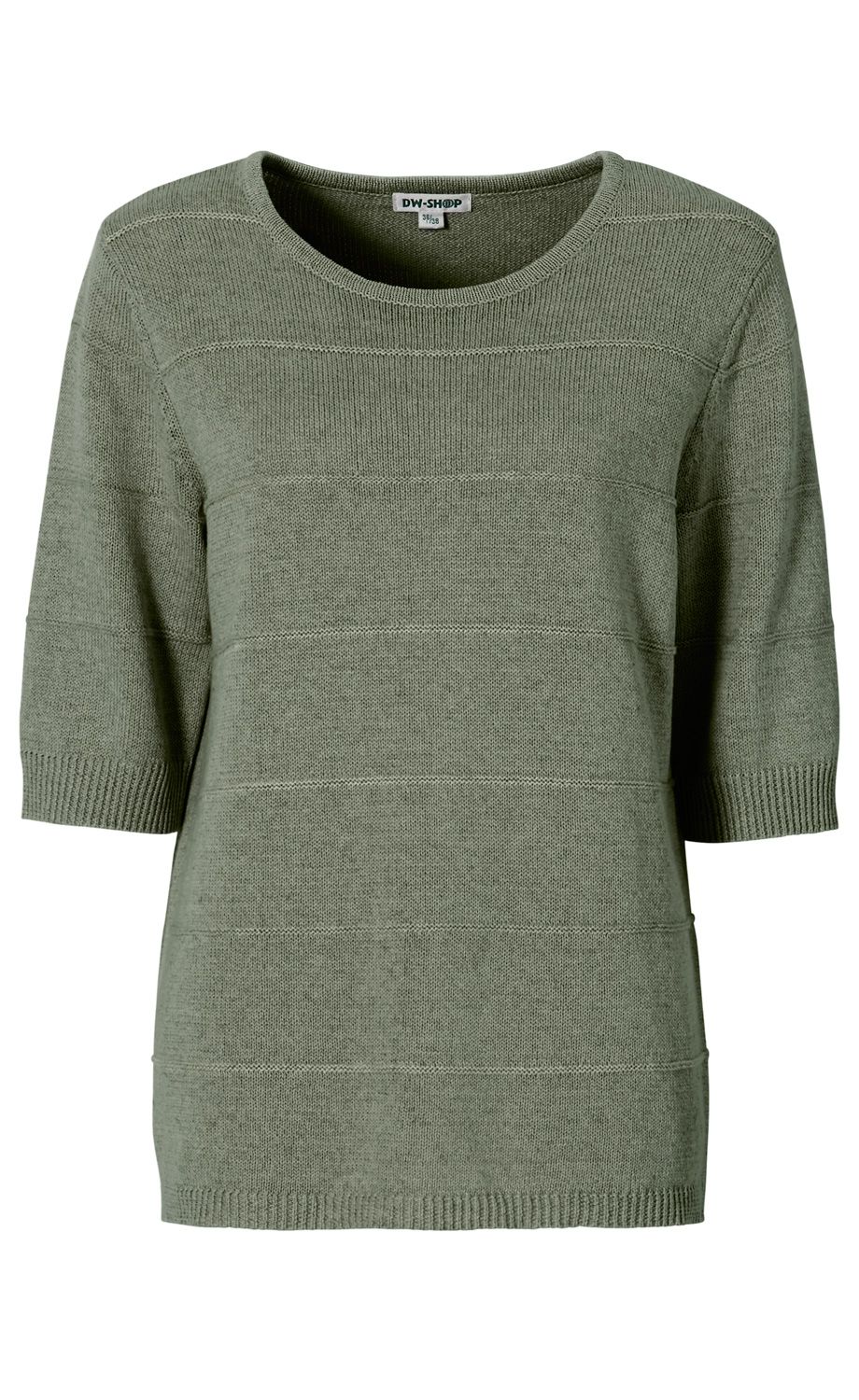 grüner Leinen-Mix-Pullover mit kurzem Arm und Rundhalsausschnitt, feine Strickstruktur mit horizontalen Streifen, gerippte Bündchen an Ärmeln und Saum, schlichtes Design